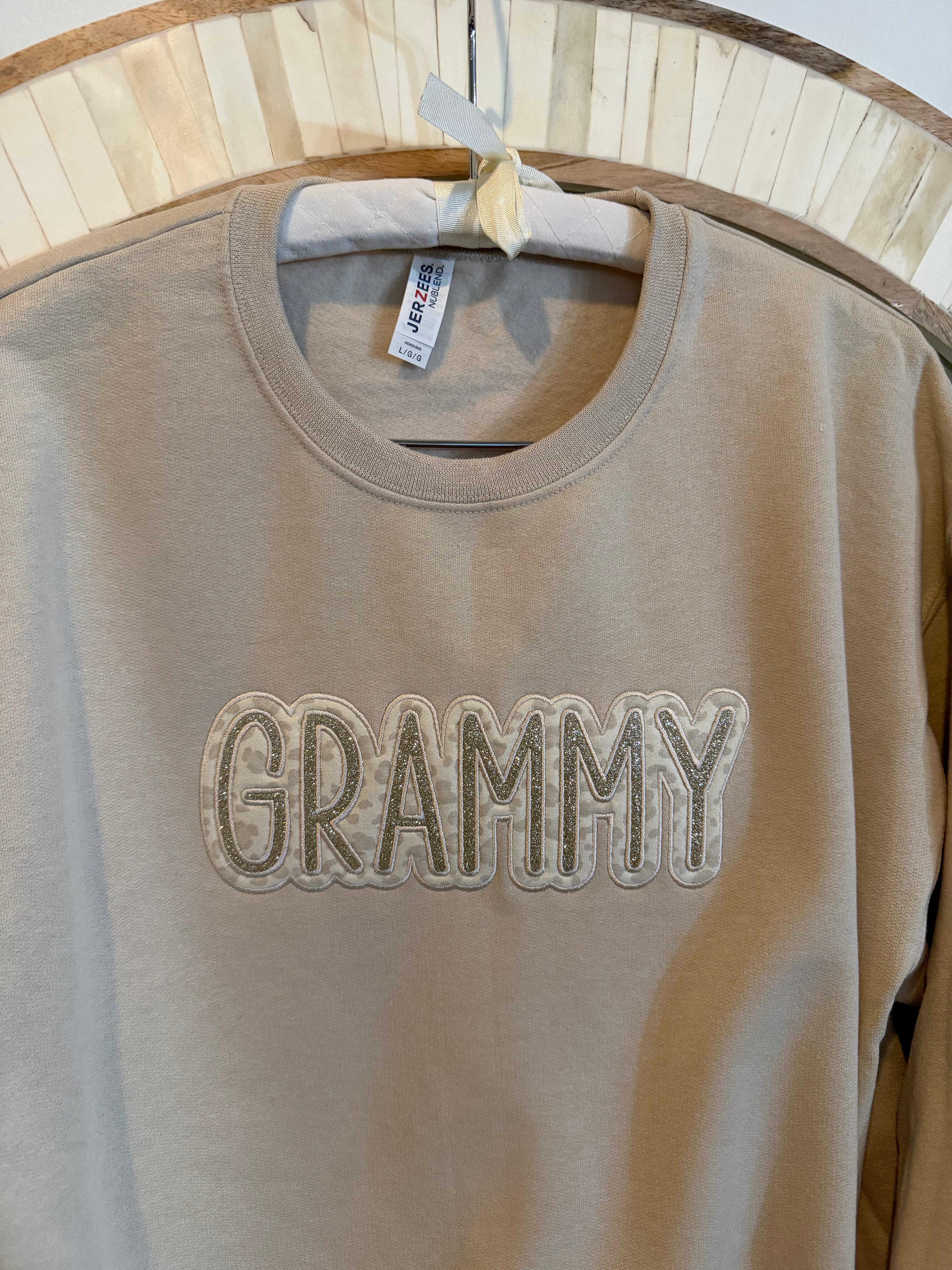 Grammy Sweatshirt with Glitter Appliqué | Embroidered Grandma Crewneck | Handmade Gift by ChelseaMadeCo