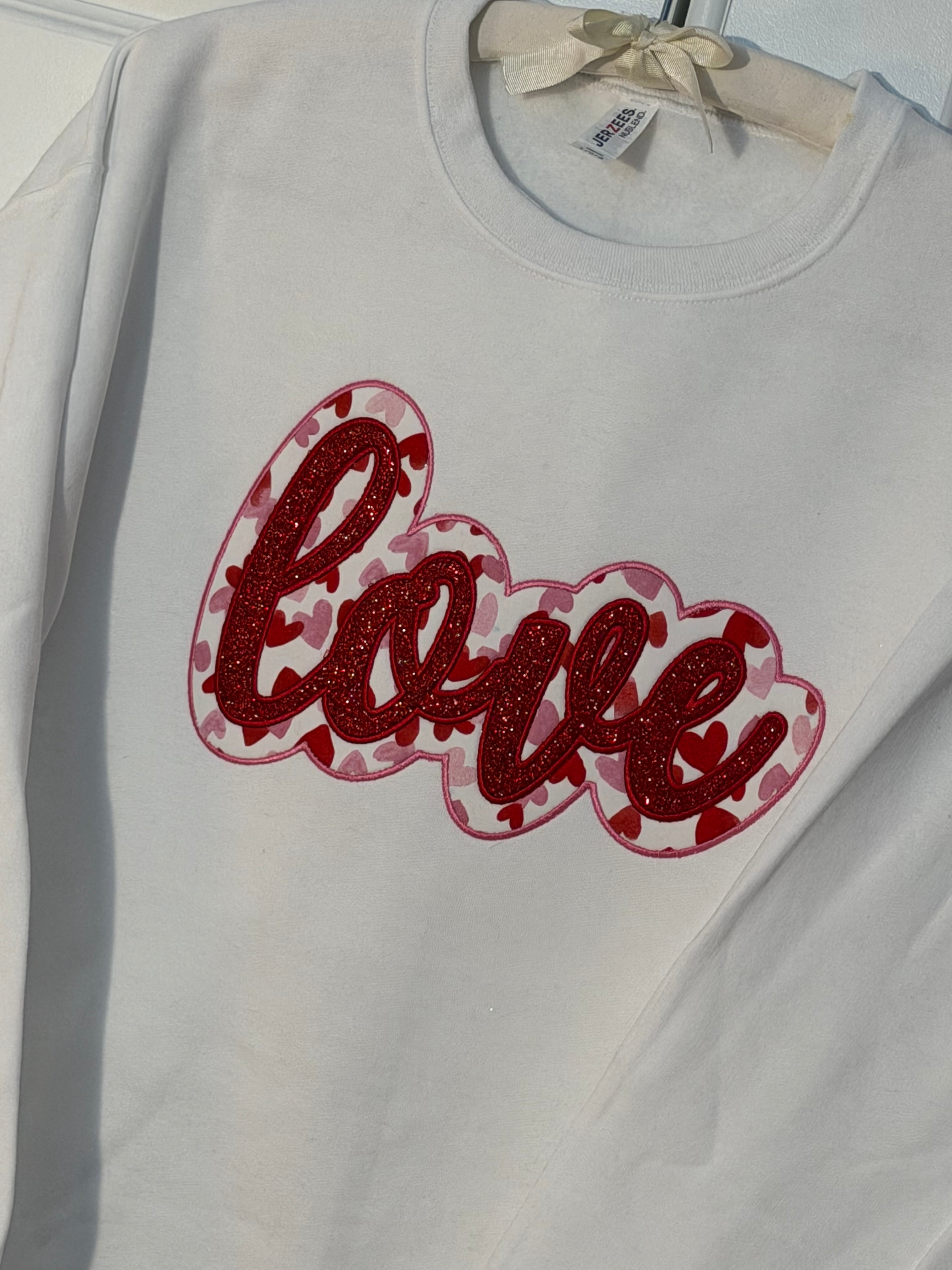 Love Double Applique Glitter Vinyl & Heart Fabric Crewneck Sweatshirt
