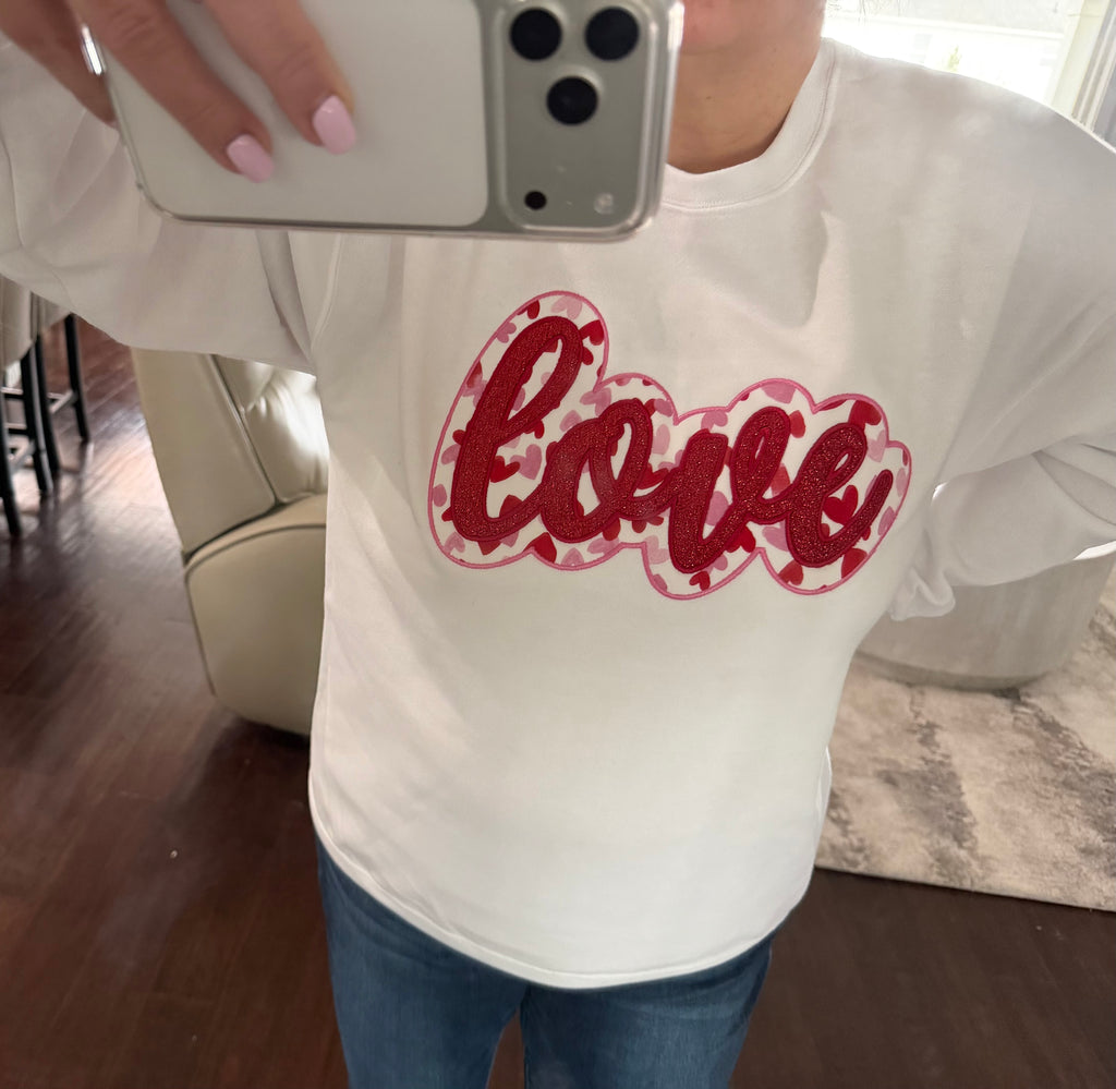 Love Double Applique Glitter Vinyl & Heart Fabric Crewneck Sweatshirt
