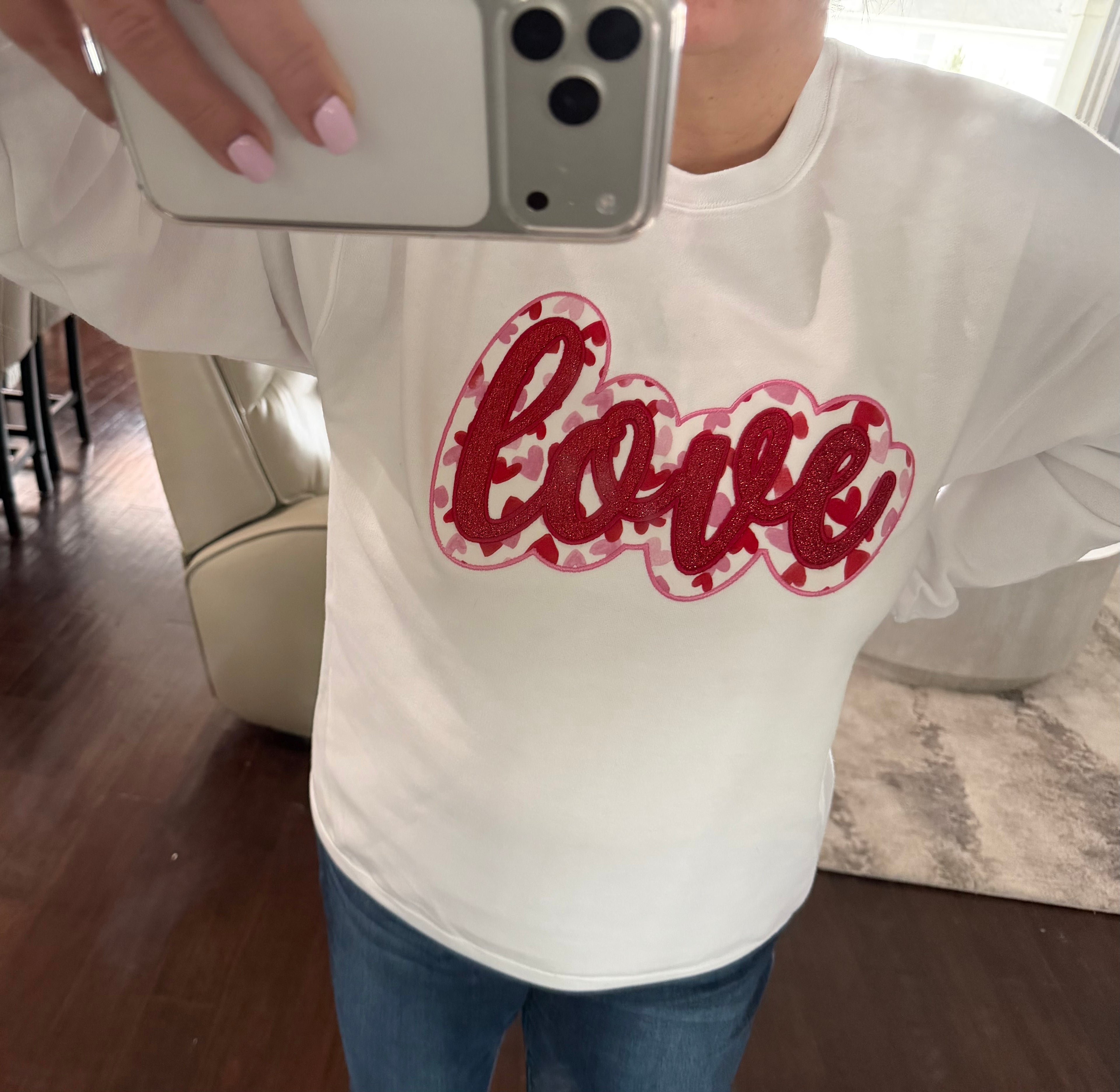 Love Double Applique Glitter Vinyl & Heart Fabric Crewneck Sweatshirt