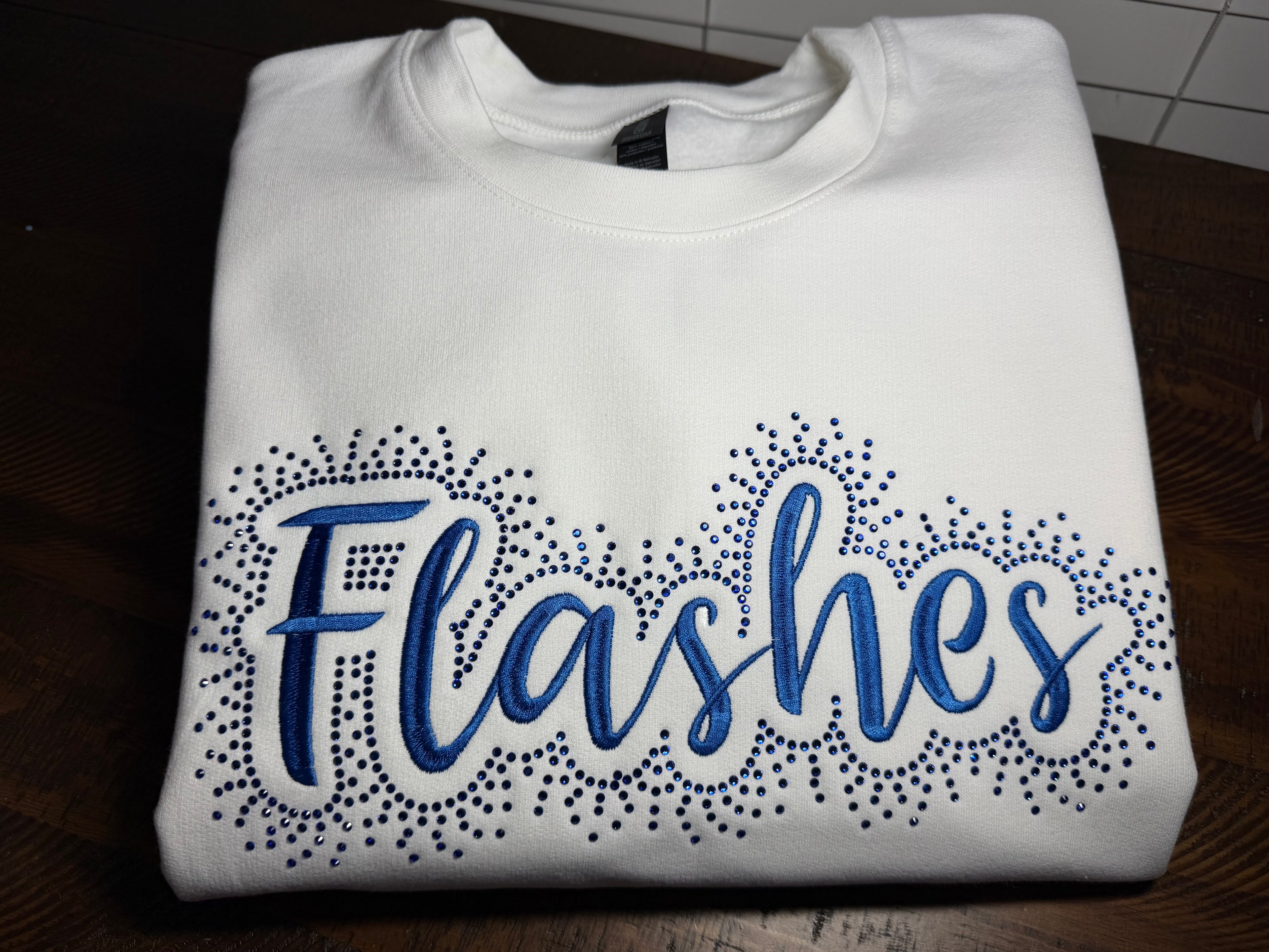Franklin Central Flashes | Rhinestone & Embroidery | Blue or White Crewneck Sweatshirt | Bling & Sparkle Spiritwear
