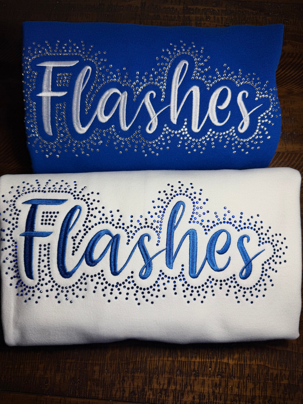 Franklin Central Flashes | Rhinestone & Embroidery | Blue or White Crewneck Sweatshirt | Bling & Sparkle Spiritwear