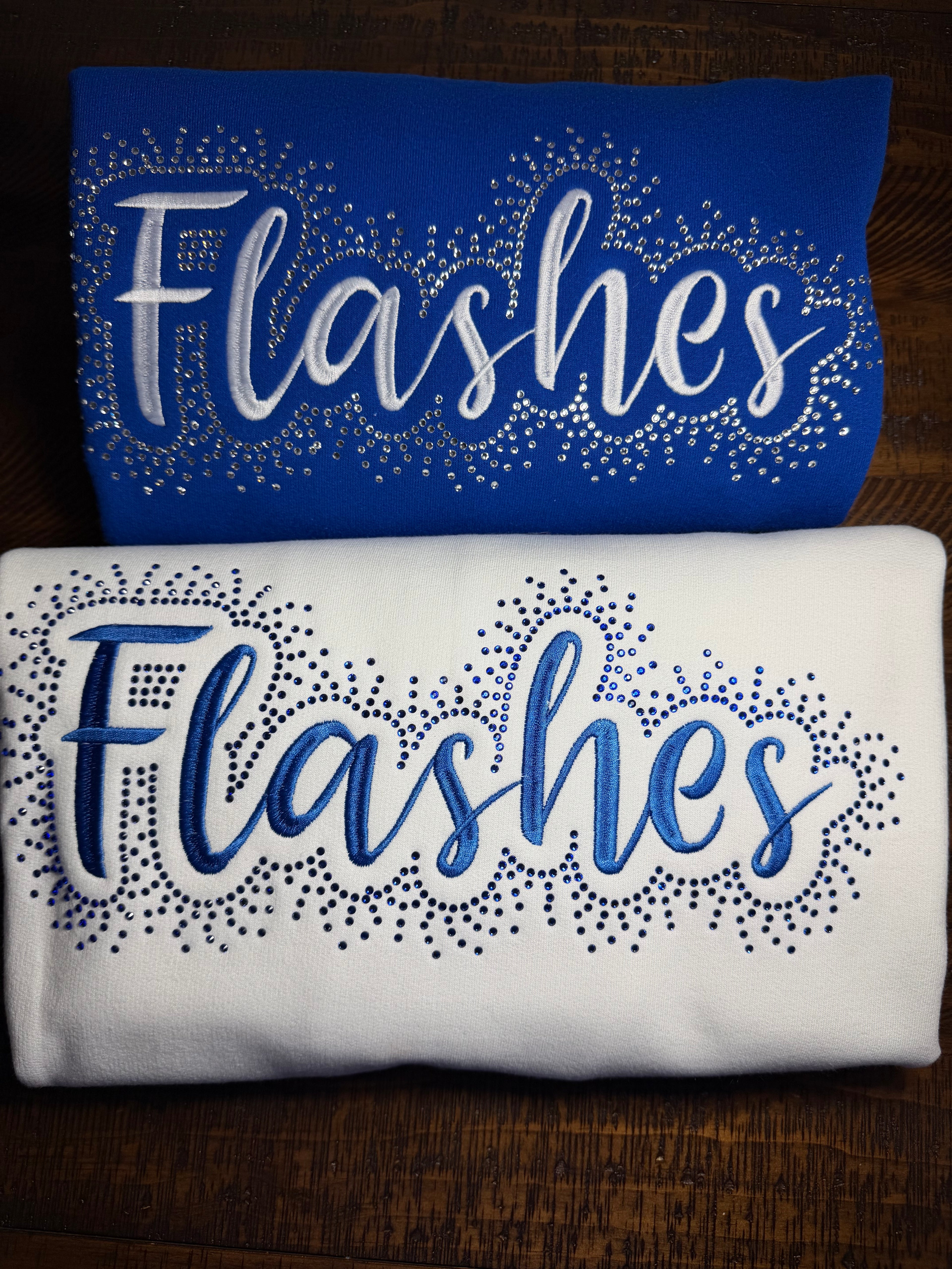 Franklin Central Flashes | Rhinestone & Embroidery | Blue or White Crewneck Sweatshirt | Bling & Sparkle Spiritwear